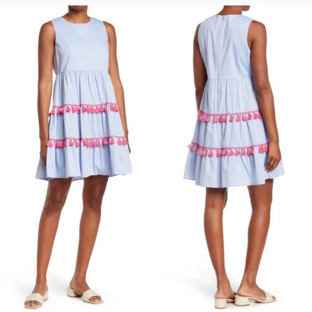 Eliza J size 14 trendy blue tiered chambray ruffle dress hot pink tassles fringe